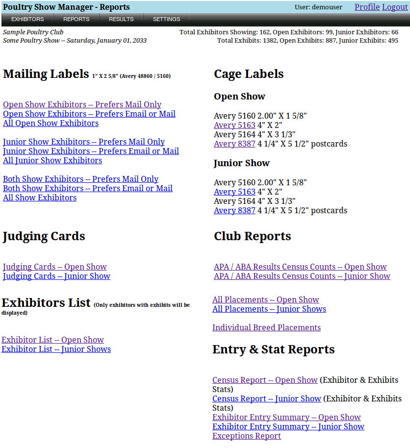 poultry show exhibitors main screen