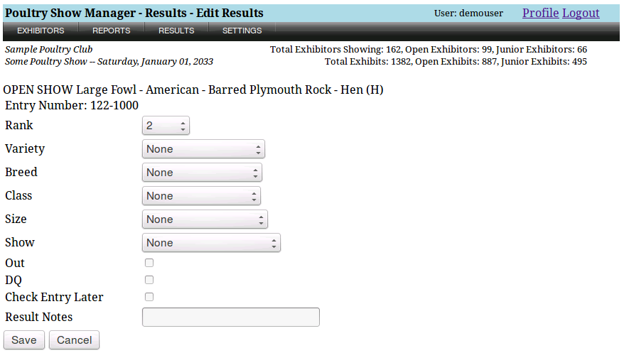 poultry show exhibitors editing page screenshot